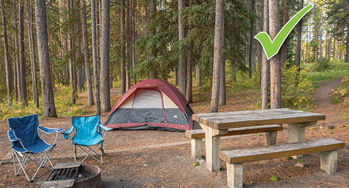 Clean campsite with tent and camping chairs visible. The food related and scented items stored in a hard-sided vehicle or storage locker.”