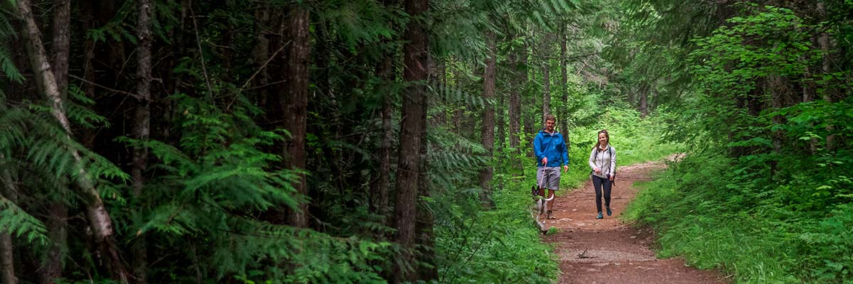 Couple walking on a trail with a leashed dog