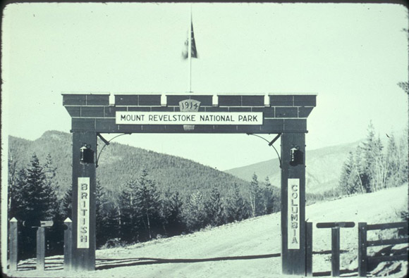Historic image of the gateway to Mount Revelstoke National Park