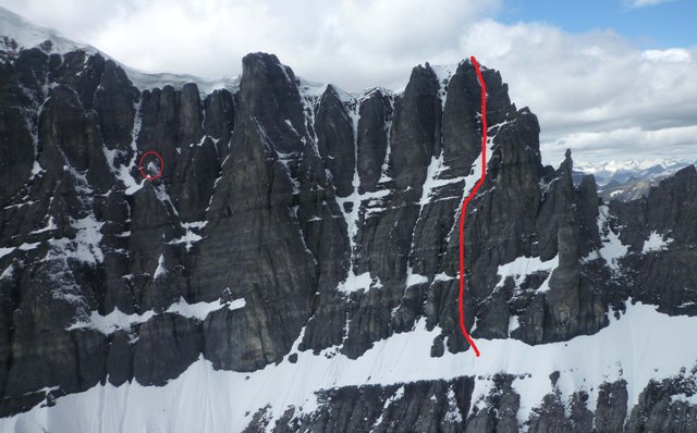 The red circle shows the off route location of the climbers, and the red line shows the correct route through the Black Towers