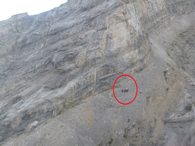 rescue site, showing the scree ledge that the climbers spent the night on