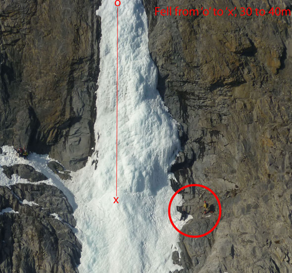 The injured person is in black, on the right of the waterfall. The photo was taken prior to the rescue during scene surveillance. 