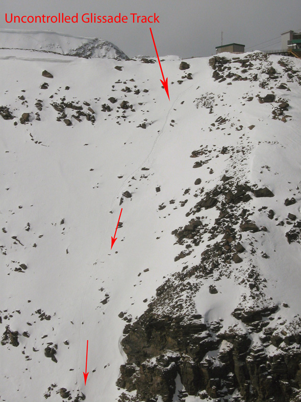 This photo indicates where the subject slipped, and the subsequent track that she left during the uncontrolled glissade.