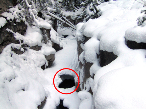The red circle indicates where the subject fell through the ice. He re-surfaced 25m downstream.