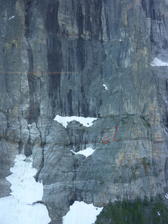 The red circle shows the two climbers location, while the red line shows the approximate location and distance of the leader fall.