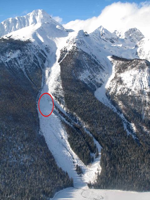 Emerald Lake slide path with circle showing the location of the burial from the first size 3 avalanche.  Note the broken ice on the lake from the second size 4 avalanche.