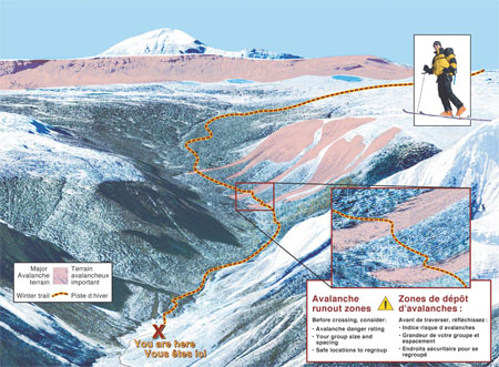 Aerial Relief Map of Healy Creek, Banff National Park showing significant avalanche terrain. Avalanche runout zones. Before crossing consider: Avalanche danger rating, your group size and spacing, safe locations to regroup.