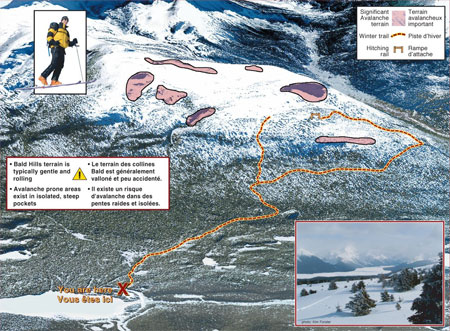 Aerial Relief Map of Bald Hills, Jasper National Park showing significant avalanche terrain.  Bald Hills terain is typically gentle and rolling. Avalanche prone areas exist in isolated, steep pockets.