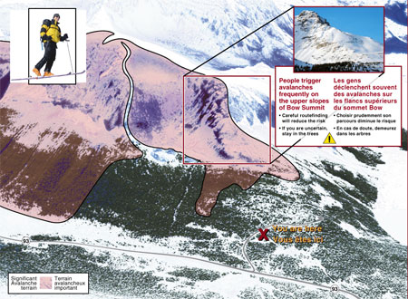 Aerial Relief Map of Bow Summit, Banff National Park showing significant avalanche terrain. People trigger avalanches frequently on the upper slopes of Bow Summit. Careful routefinding will reduce the risk. If you are uncertain, stay in the trees.