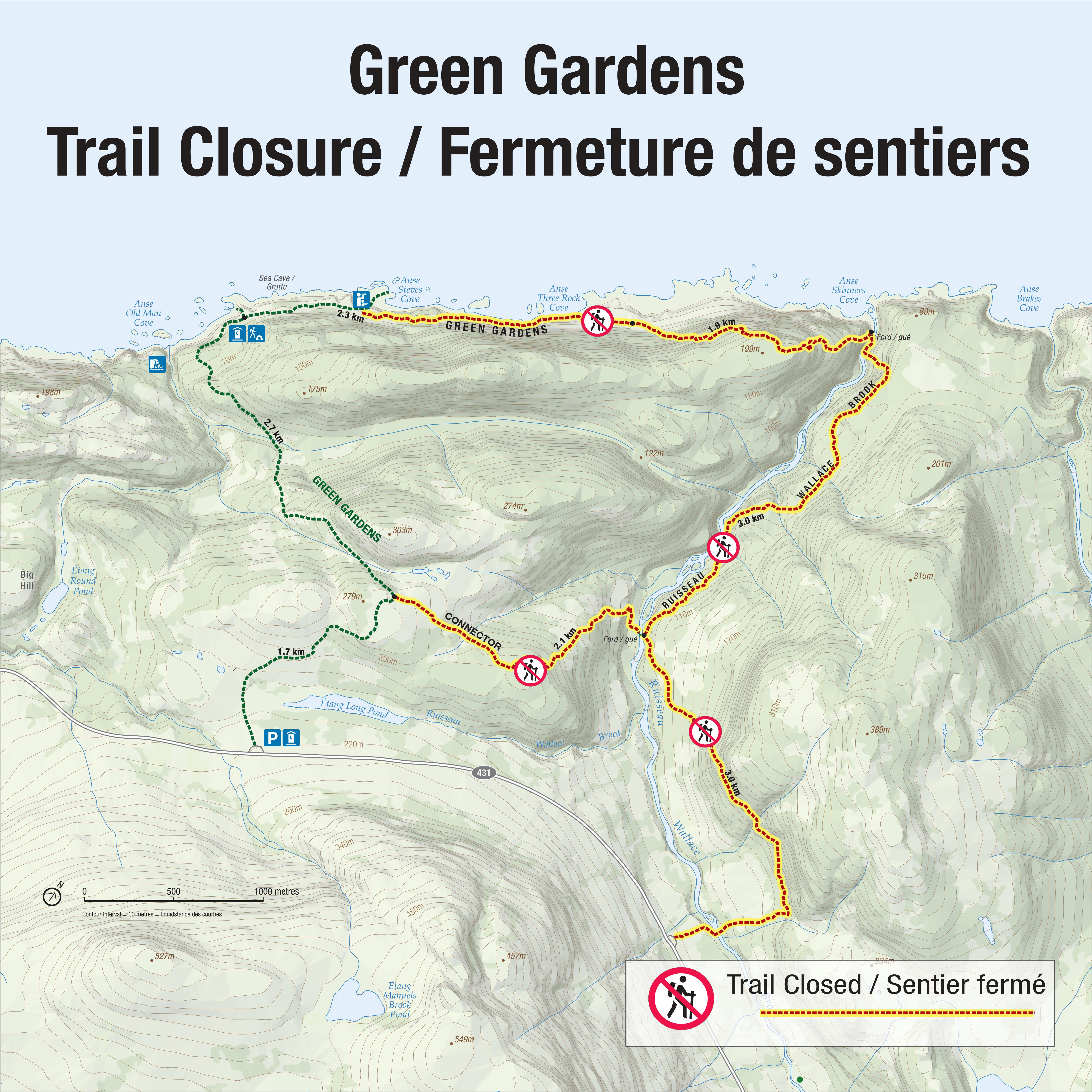 A map of the closed section of the Wallace Brook trail at Green Gardens in Gros Morne National Park