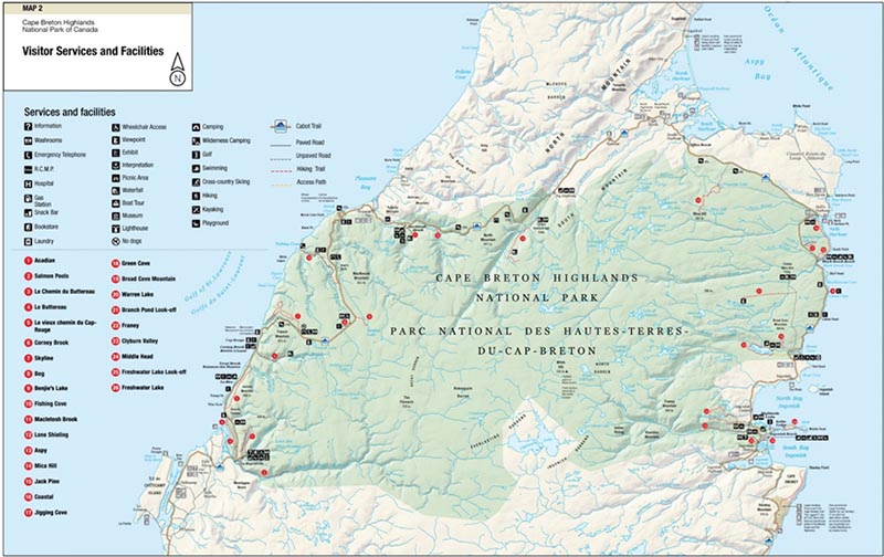 Map 2: Cape Breton Highlands National Park Visitor Services and Facilities - Text description follows