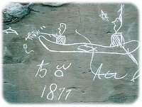 Petroglyph image of porpoise hunt by canoe