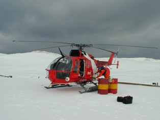 Helicopter delivering supplies for winter research, Sable Island National Park Reserv