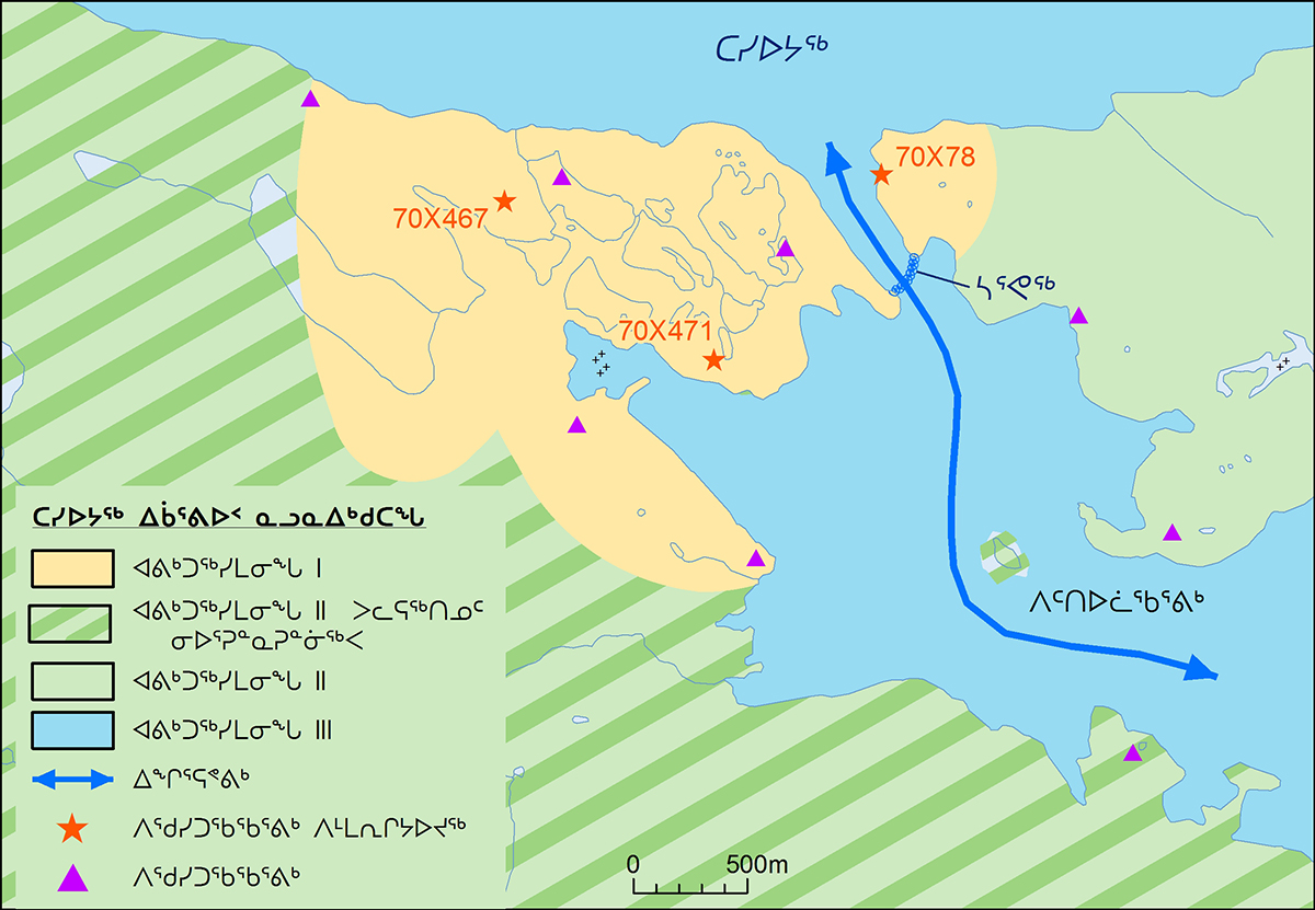 A map of Ukkusiksalik National Park, detailing the Ford Lake access channel. A suggested course of travel is drawn in a blue line. The locations of nearby cultural resources are identified by orange stars and purple triangles