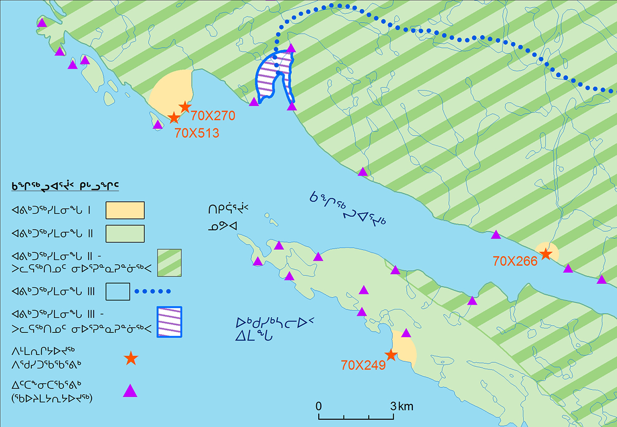 A map of Ukkusiksalik National Park, detailing the Douglas Harbour zoning. Zones I, II and III are represented on the map. The locations of nearby cultural resources are identified by orange stars and purple triangles