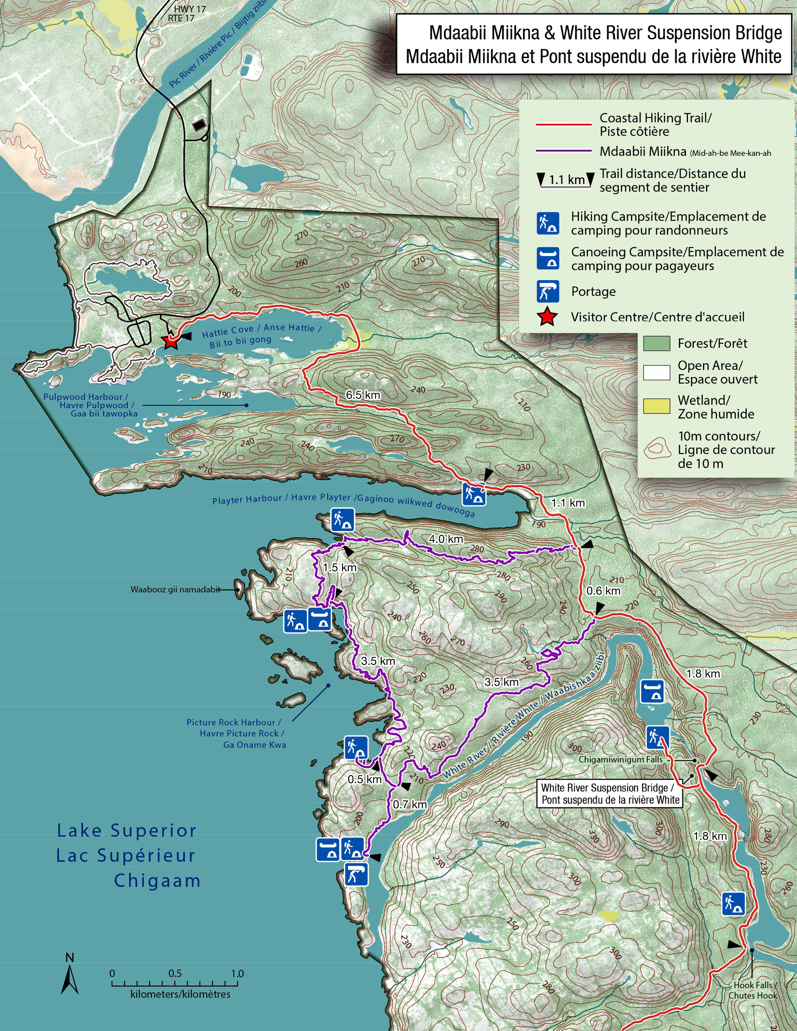 Mdaabii Miikna and White River Suspension Bridge Map