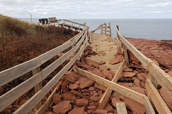 Oceanview boardwalk, lookout and interpretive panels destroyed following post-tropical storm Fiona.