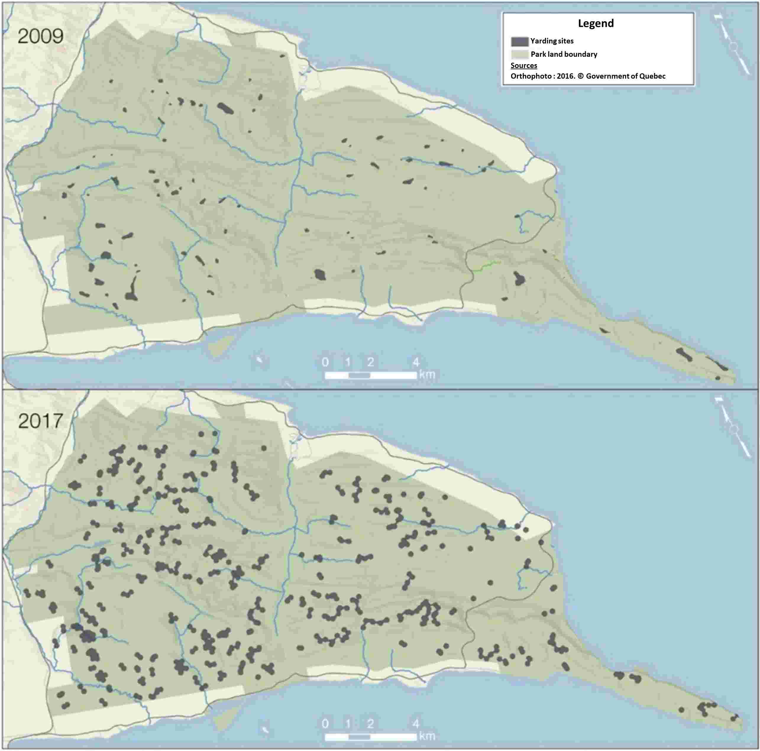 Figure 4. Two geographic maps showing Forillon National Park and a comparison of the distribution of moose yards