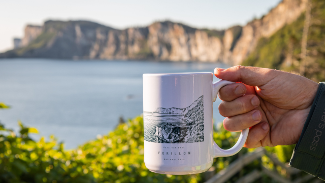 A hand holds a cup with a picture of Cape Bon-Ami in front of the real Cape Bon-Ami.