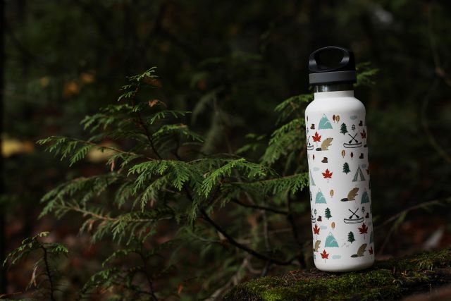 A bottle with camping patterns on a stump in the middle of the forest.
