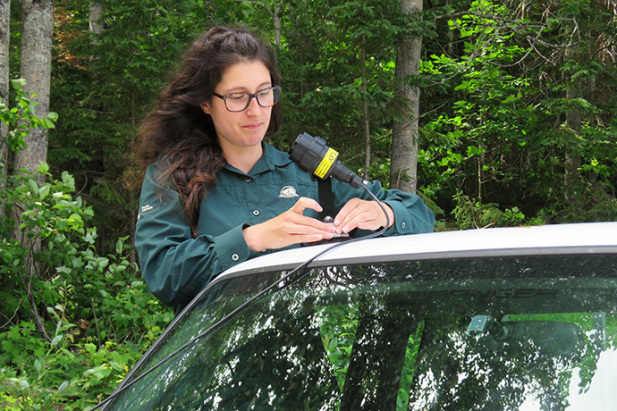 A Parks Canada employee installs an ultrasound detector on a vehicle.