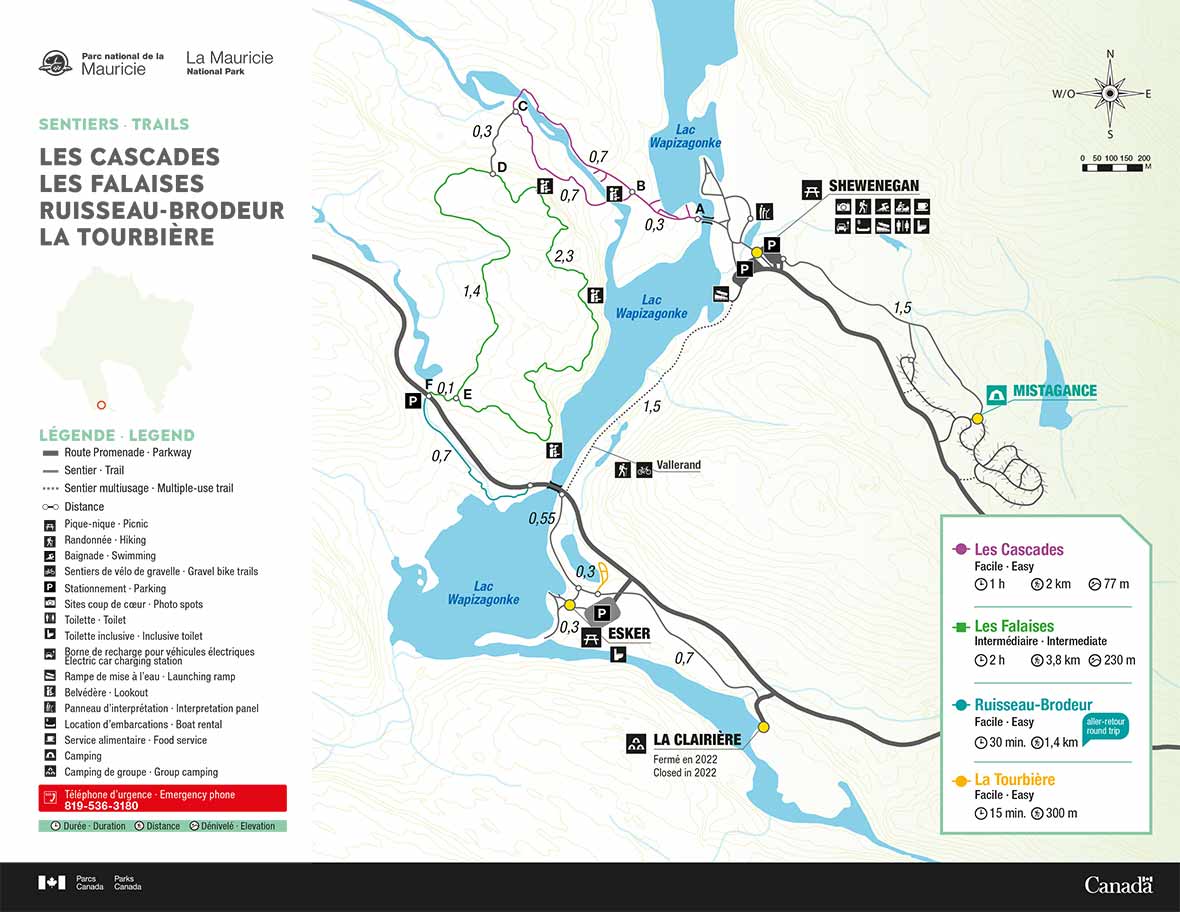 Les Cascades, Les Falaises, Ruisseau-Brodeur and La Tourbière trails map