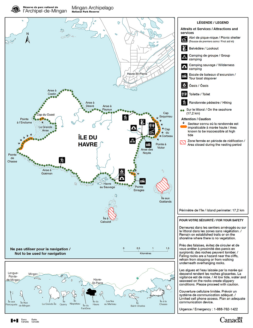 Trails and facilities found on île du Havre