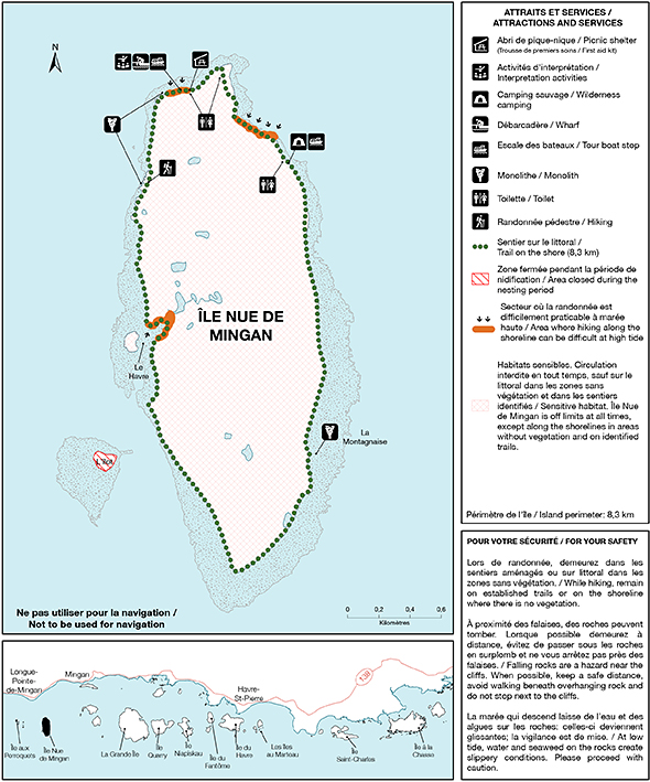 Map of trails and facilities found on île Nue de Mingan