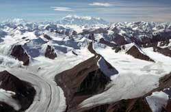 A view of Mount Logan over the icefield ranges