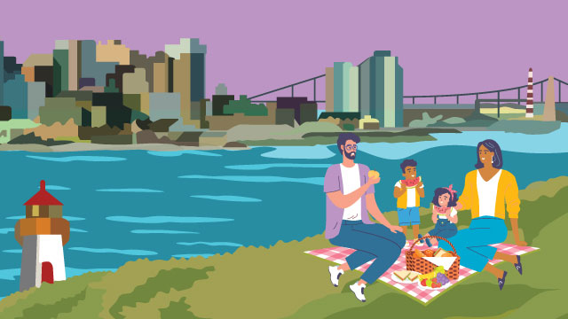Drawing of two adults and two children enjoying a picnic next to the water.