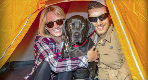 A couple smiles in their tent, hugging their dog. 