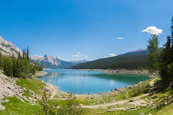 Panoramic image of Medicine Lake, at Jasper National Park.