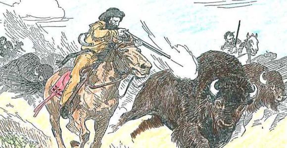 Historic illustration of men hunting buffalo