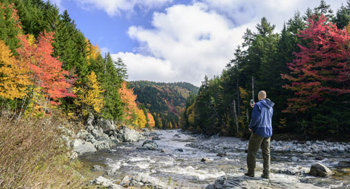 A visitor takes a photo of the fall colours on the Upper Salmon River.