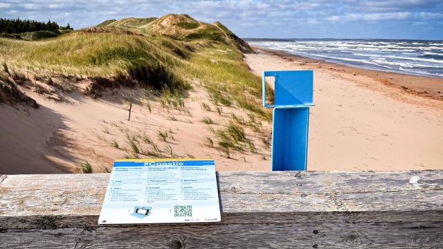 A blue Coastie installation overlooking a beach with a green, grassy dune to the left.
