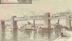 Engraving of the first Sainte-Anne-de-Bellevue lock. Two steamboats sailing in the canal. In the background the Grand Trunk bridge in Sainte-Anne-de-Bellevue.
