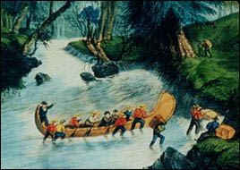 Lithography of Bartlett. Twelve Canadian voyageurs pushing a canoe up a rapid.