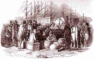 Drawing of passengers waiting for embarking in a port, with all of their possessions