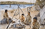 An amerindian family is baking the fish on a firecamp.